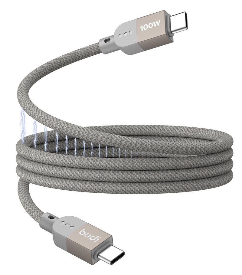 بودي كابل شحن ومزامنة مغناطيسي، USB-C إلى USB-C بقدرة 100 واط (تقنية PD للشحن السريع - طراز DC268TT10G)، بطول متر واحد، مغطى بجديلة من النايلون ومزود بهيكل معدني، يدعم نقل البيانات بسرعة عالية، تصميم مقاوم للتشابك، لون رمادي. - Image 1