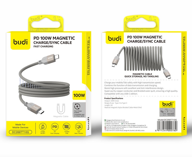بودي كابل شحن ومزامنة مغناطيسي، USB-C إلى USB-C بقدرة 100 واط (تقنية PD للشحن السريع - طراز DC268TT10G)، بطول متر واحد، مغطى بجديلة من النايلون ومزود بهيكل معدني، يدعم نقل البيانات بسرعة عالية، تصميم مقاوم للتشابك، لون رمادي. - Image 5