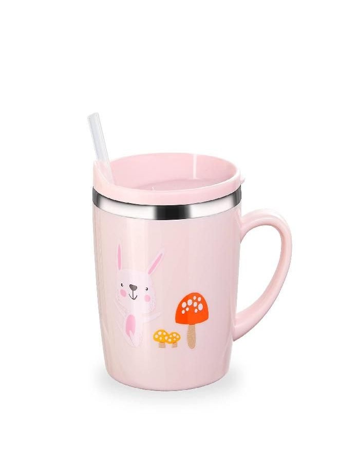 Valueder - Valueder Kids Baby Toddler Cups Mug Sippy Learning Trainer Cup for Milk Coffee Hot Chocolate Stainless Steel Trainer Straw Cup with Lid, Rabbit, 7oz/Peacock pink - Image 1