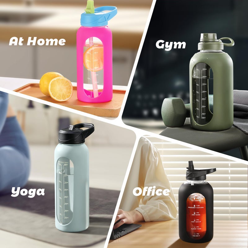 CIVAGO 24 oz Glass Water Bottle with Straw and Handle, Large Sports Motivational Water Bottle Flask with Time Marker and 2 Lids, Leakproof Jug Canteen with Silicone Sleeve for Gym, Black - Image 5