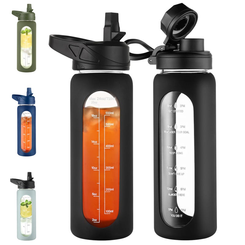 CIVAGO 24 oz Glass Water Bottle with Straw and Handle, Large Sports Motivational Water Bottle Flask with Time Marker and 2 Lids, Leakproof Jug Canteen with Silicone Sleeve for Gym, Black - Image 1