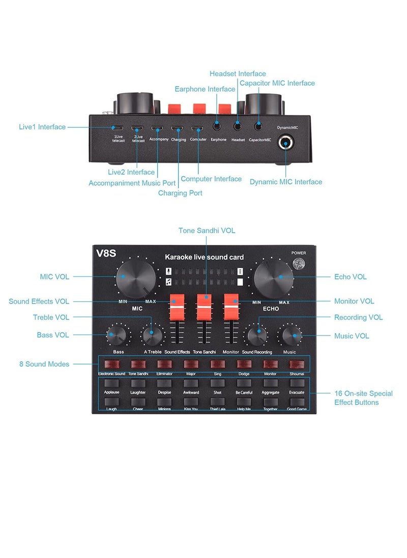V8s Set Live Sound Card,USB External V8s Karaoke Recording Mobile Audio Mixer,Audio Live Broadcast KTV Sound Card for Live Broadcast,K Songs,Recording,Voice Chatting