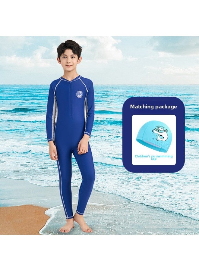 إسكدنيا ملابس سباحة للأطفال بأكمام طويلة من قطعة واحدة ملابس سباحة ربيعية ساخنة صغيرة ومتوسطة وكبيرة للأطفال بدلة غوص للأولاد للحماية من الشمس - اللون: 22518 أزرق ياقوتي + قبعة من البولي يوريثان - - Image 1