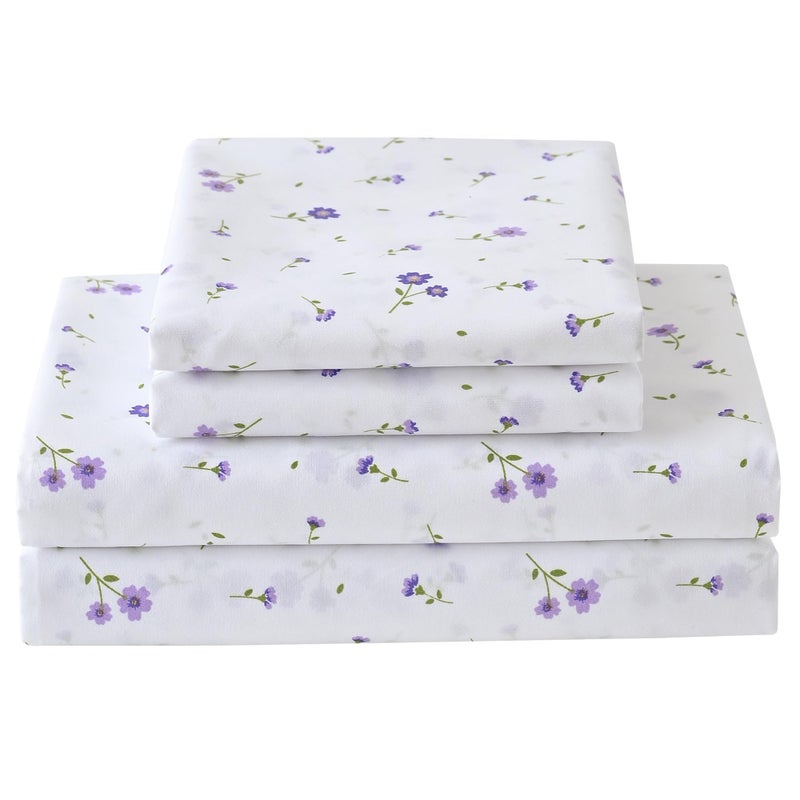 Softan Purple Floral King Bed Sheet Set, Cozy Microfiber Patterned Fitted Sheets with 15" Deep Pocket & Non-Slip Straps, Cute Purple Flower Printed Sheets & Pillowcase Set King - Image 1