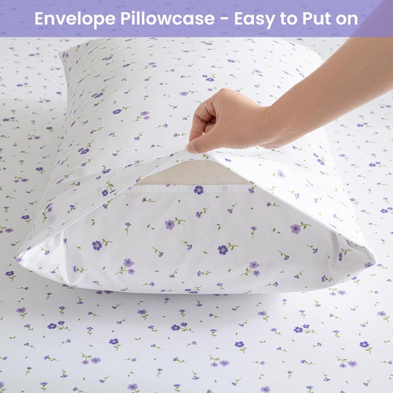 Softan Purple Floral King Bed Sheet Set, Cozy Microfiber Patterned Fitted Sheets with 15" Deep Pocket & Non-Slip Straps, Cute Purple Flower Printed Sheets & Pillowcase Set King - Image 5