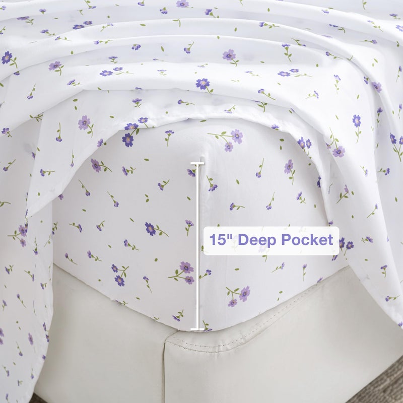 Softan Purple Floral King Bed Sheet Set, Cozy Microfiber Patterned Fitted Sheets with 15" Deep Pocket & Non-Slip Straps, Cute Purple Flower Printed Sheets & Pillowcase Set King - Image 3