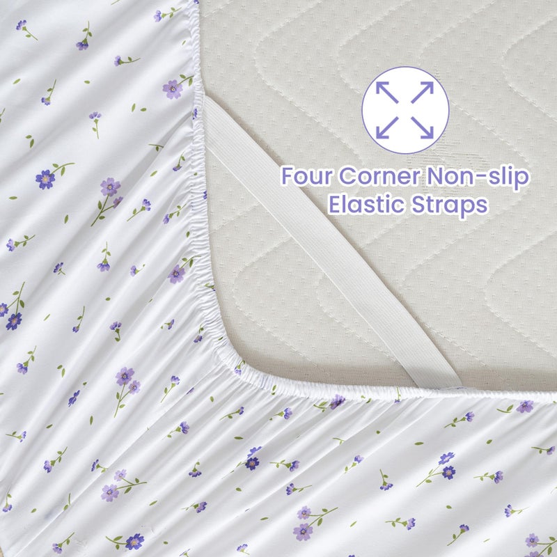 Softan Purple Floral King Bed Sheet Set, Cozy Microfiber Patterned Fitted Sheets with 15" Deep Pocket & Non-Slip Straps, Cute Purple Flower Printed Sheets & Pillowcase Set King - Image 2