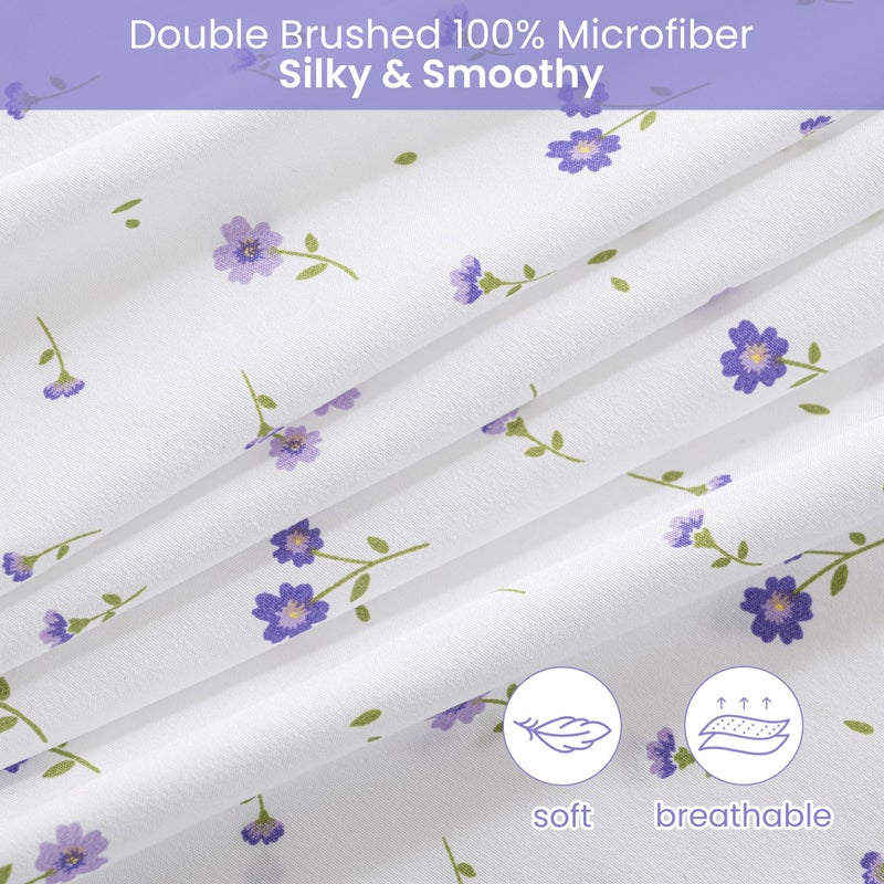 Softan Purple Floral King Bed Sheet Set, Cozy Microfiber Patterned Fitted Sheets with 15" Deep Pocket & Non-Slip Straps, Cute Purple Flower Printed Sheets & Pillowcase Set King - Image 4