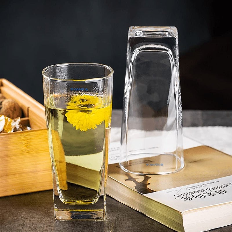 SYANKA Italian Premium Juice and Water Glasses Set of 6 Transparent 300ml Drinking Water Glasses Stylish and Crystal Square Highball Glasses for Water Juice and Cocktails - Image 5