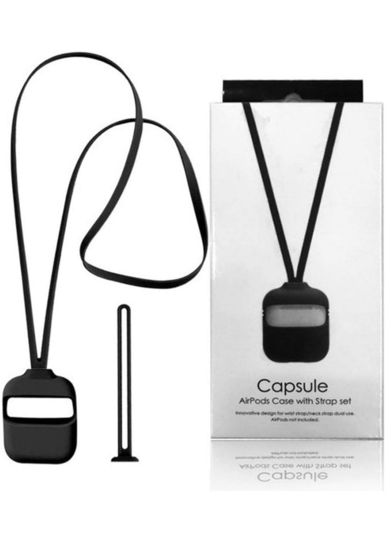 erorex - Capsule Cover For Air Pods Anti Scratch Silicone Case Cover For Air Pods With Hand And Neck Strap Black - Image 1