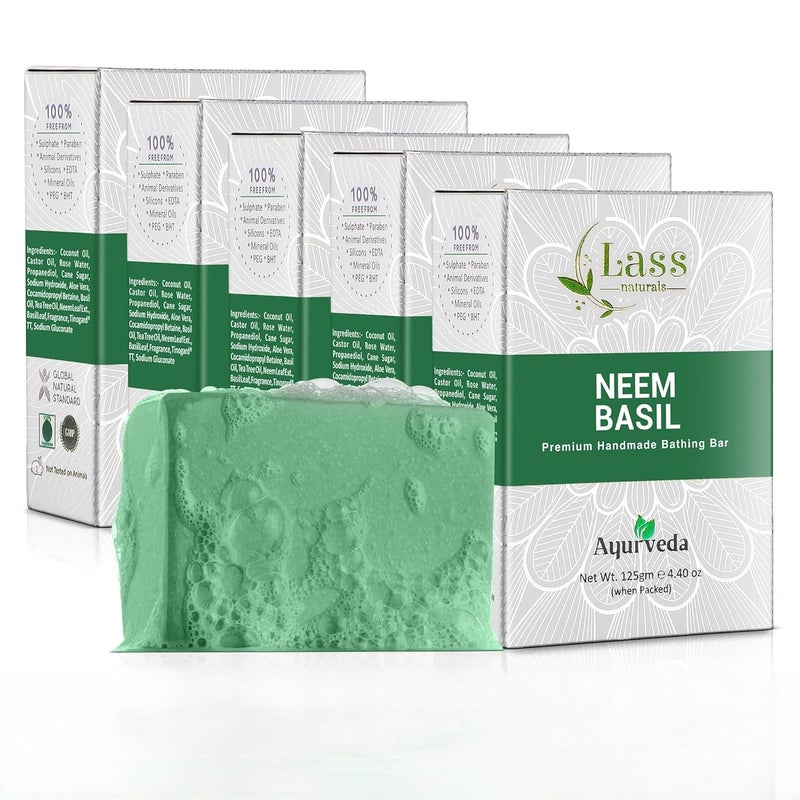 Lass Natural Neem Basil Soap Organic Herbal Soap with 100 Pure Essential Oils 125gm x 5 Pack of 5