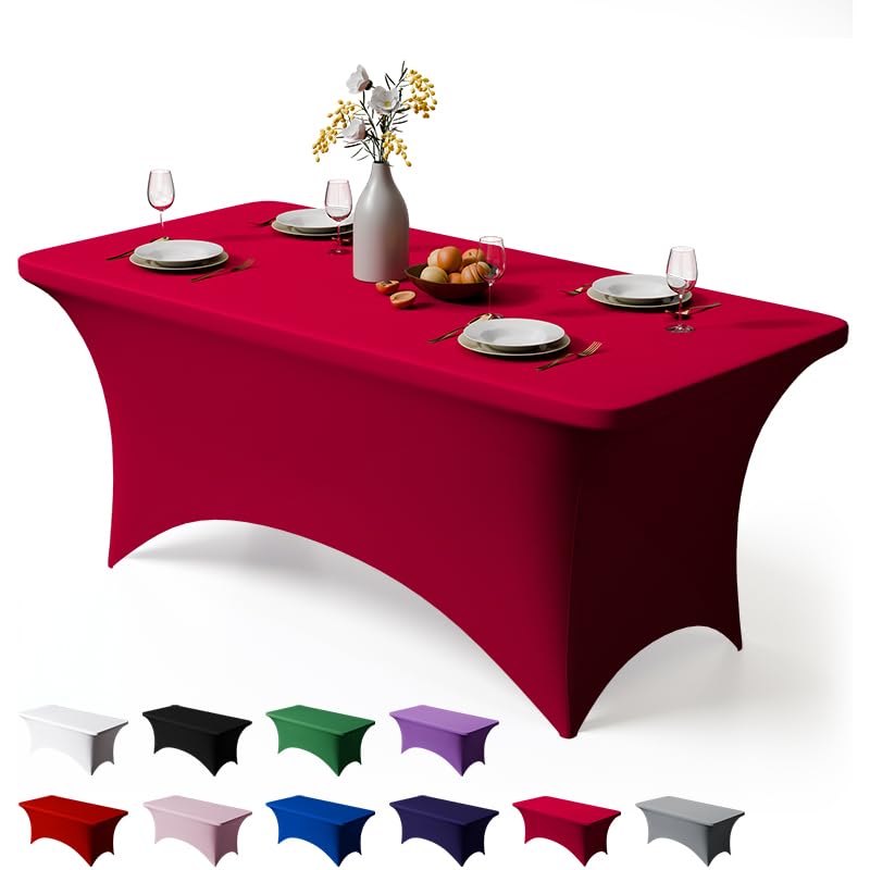 Trlyc 2 Pack 6FT Spandex Table Cloth - 72 x 30 Inch Rectangular Stretch Tablecloth, Wrinkle Resistant Scretch Table Cover for Wedding, Party, Banquet, Picnic, Outdoor Decoration (2Pcs,Burgundy) - Image 1