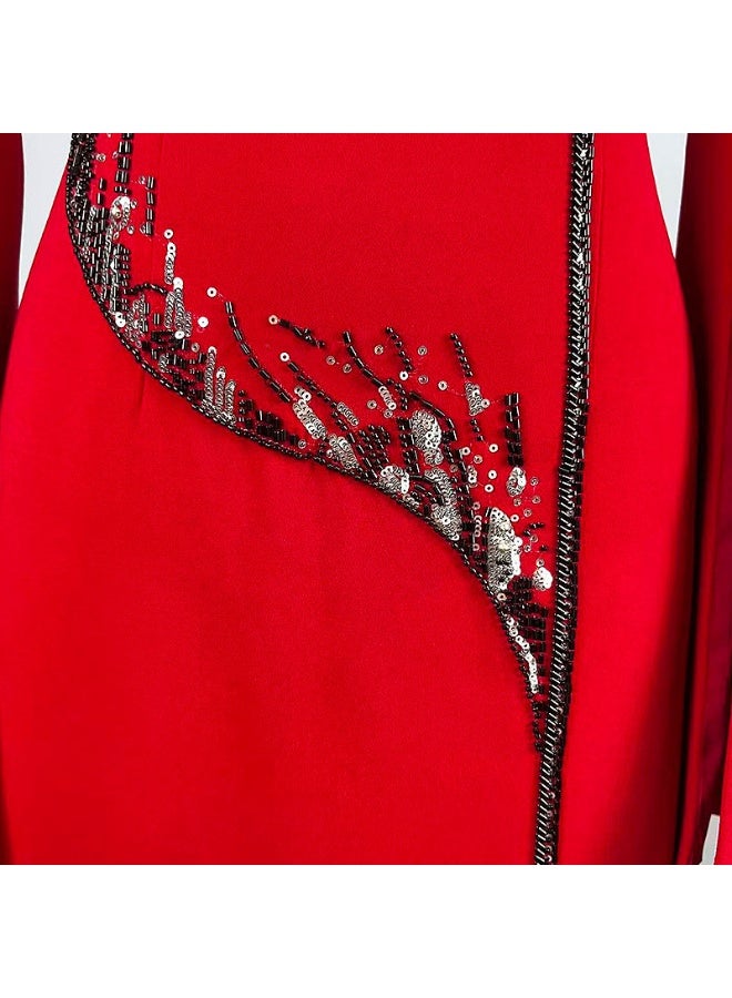 Madam Uniq Red High - Neck Long - Sleeve Gown with Black Floral Bead Embellishments - Image 3