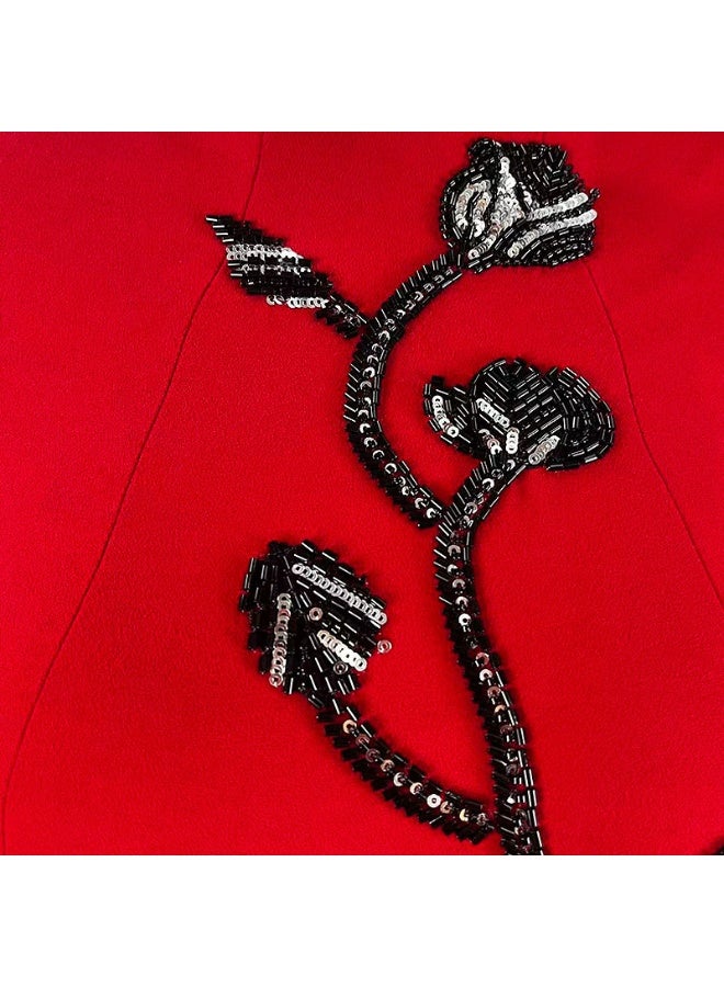 Madam Uniq Red High - Neck Long - Sleeve Gown with Black Floral Bead Embellishments - Image 4