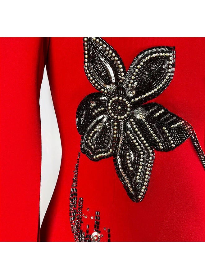 Madam Uniq Red High - Neck Long - Sleeve Gown with Black Floral Bead Embellishments - Image 2