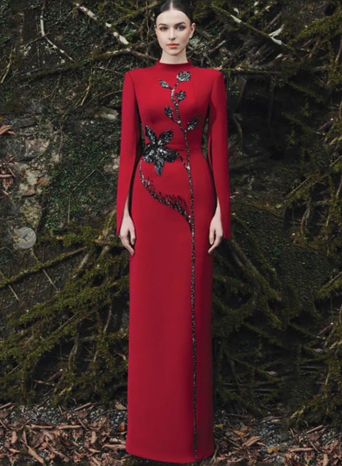 Madam Uniq Red High - Neck Long - Sleeve Gown with Black Floral Bead Embellishments - Image 1