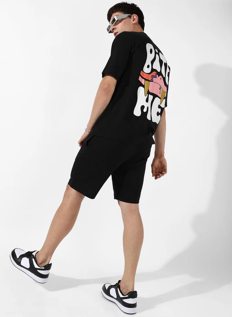 Campus Sutra Men's Black Relaxed Co-Ord Set With Graphic Print