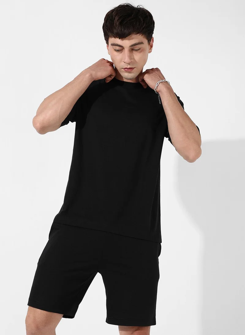 Campus Sutra Men's Black Relaxed Co-Ord Set With Graphic Print For Casual Wear | Cotton Poly Lycra Fabric | Clothing Set Crafted With Comfort Fit & High Performance For Everyday Wear