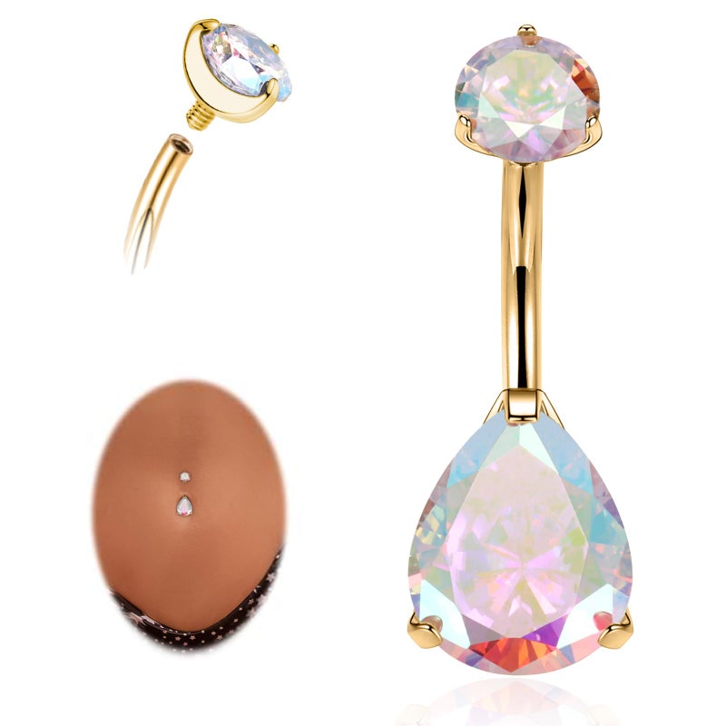 AROWRO Gold Belly Button Ring G23 Titanium Hypoallergenic 14G belly ring for Women Men Teardrop Navel Piercing Jewelry 10mm Gold Barbell With Aurora Borealis Cubic Zircon - Image 1