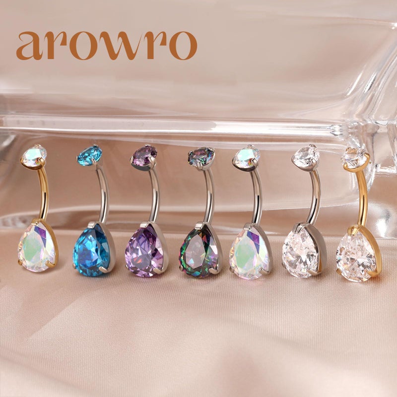 AROWRO Gold Belly Button Ring G23 Titanium Hypoallergenic 14G belly ring for Women Men Teardrop Navel Piercing Jewelry 10mm Gold Barbell With Aurora Borealis Cubic Zircon - Image 4