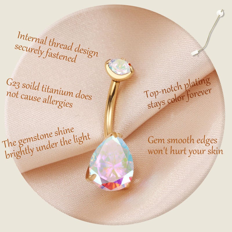 AROWRO Gold Belly Button Ring G23 Titanium Hypoallergenic 14G belly ring for Women Men Teardrop Navel Piercing Jewelry 10mm Gold Barbell With Aurora Borealis Cubic Zircon - Image 2