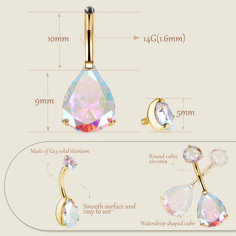 AROWRO Gold Belly Button Ring G23 Titanium Hypoallergenic 14G belly ring for Women Men Teardrop Navel Piercing Jewelry 10mm Gold Barbell With Aurora Borealis Cubic Zircon - Image 5