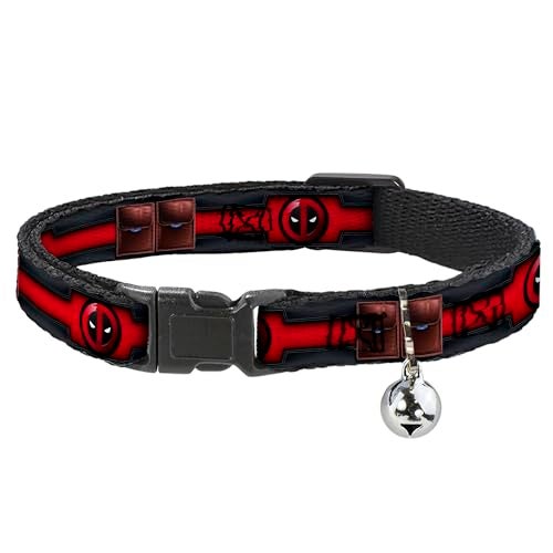 Buckle Down Cat Collar Breakaway Deadpool Utility Belt Logo Pockets Black Reds Browns 8 to 12 Inches 05 Inch Wide - Image 1