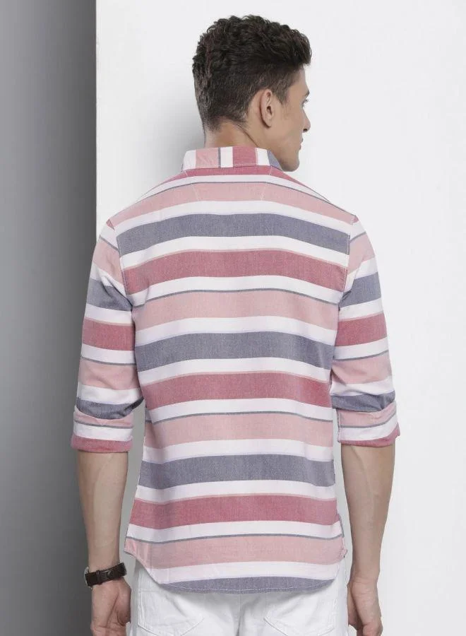 ذا انديان كراج كو Men Slim Fit Striped Full Sleeves Cutaway Collar Casual Shirt