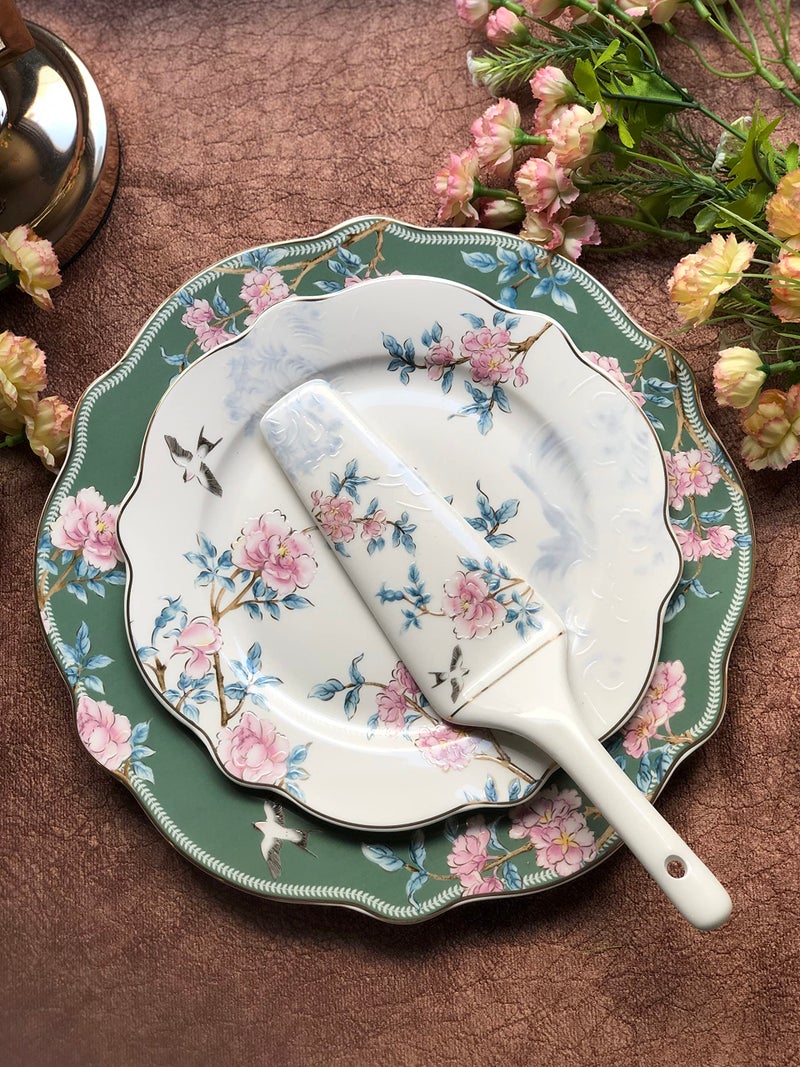 Vigneto | Victorian Green Snack Set (1 Serving Plate, 6 Quarter Plates, 1 Server) | Finest Premium Porcelain | Luxury Tableware - Image 2