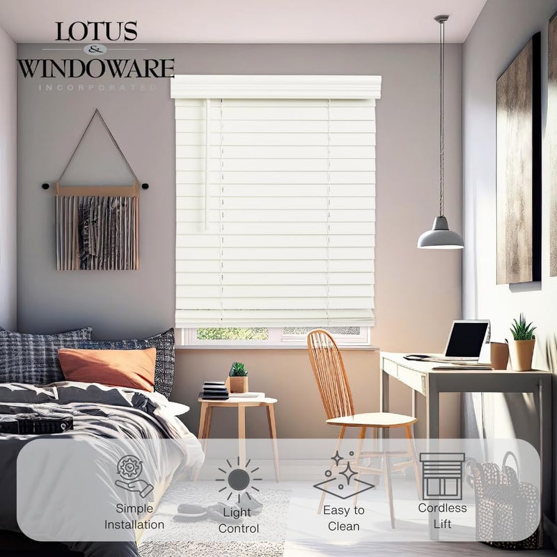 LOTUS & WINDOWARE Cordless 2-inchFaux Wood Blind 35" Wide x 60" Long,(Soft White-Antique White),Smooth, Room Darkening, Horizontal Blinds for Living Room, Bedroom, Interior Door Windows - 35 x 60,Sof - Image 3