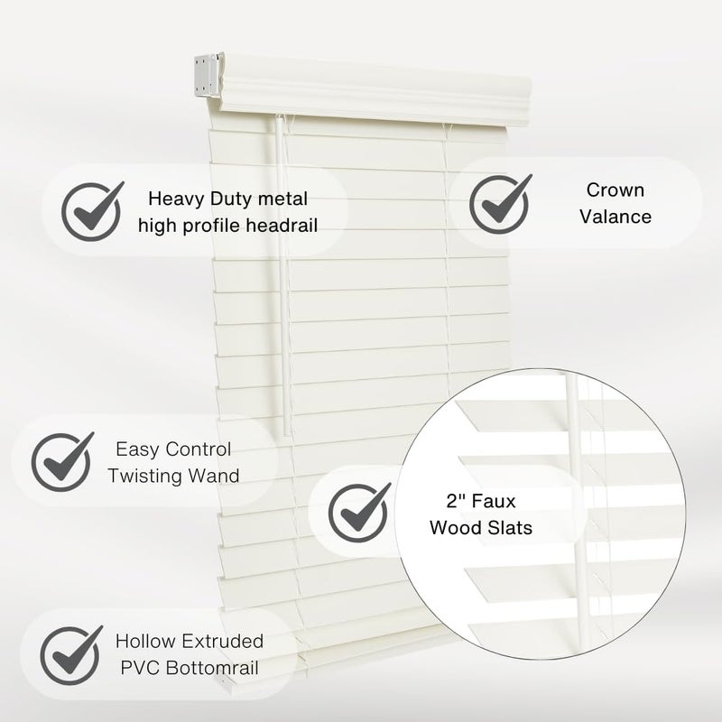 LOTUS & WINDOWARE Cordless 2-inchFaux Wood Blind 35" Wide x 60" Long,(Soft White-Antique White),Smooth, Room Darkening, Horizontal Blinds for Living Room, Bedroom, Interior Door Windows - 35 x 60,Sof - Image 2