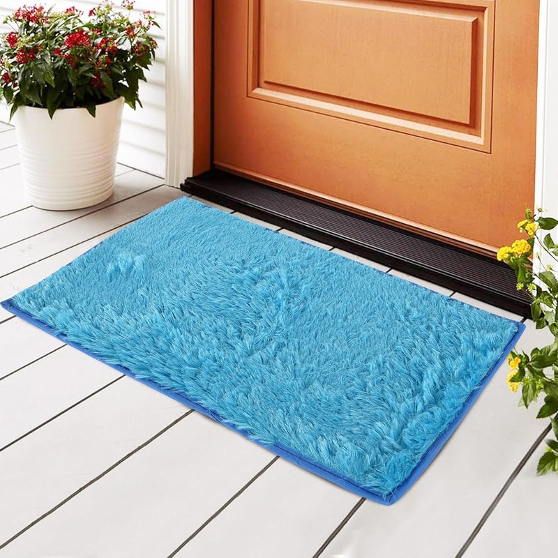 Kuber Industries Anti-Slip Bathroom Mat | Door Mats for Home Entrance & Kitchen Floor | Foot Perdan for Home Door | Furry - Blue - Image 1