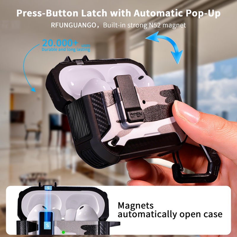 RFUNGUANGO AirPods Pro 3 Case, Compatible with Apple AirPods Pro 3rd Generation(2025) Protective Case with Phone Holder & Cleaning Kit, Magnetic Automatic Lock, Compatible with Magsafe, Camo Snow - Image 2