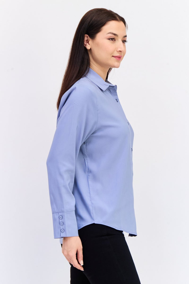 bebe Women Spread Collar Solid Long Sleeves Blouse, Dusty Blue - Image 2