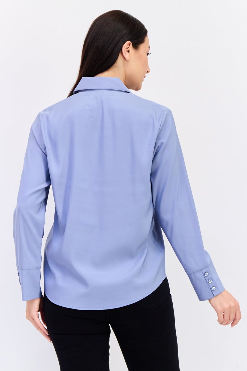 bebe Women Spread Collar Solid Long Sleeves Blouse, Dusty Blue - Image 3