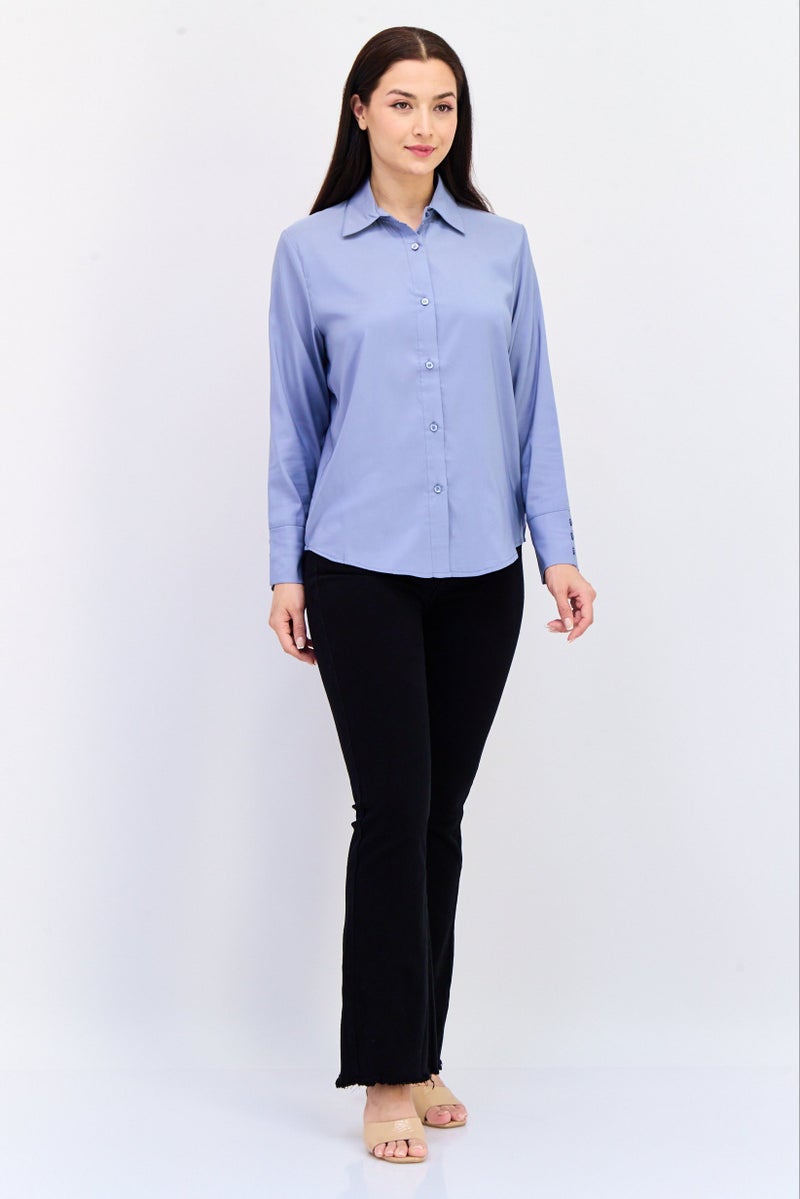 bebe Women Spread Collar Solid Long Sleeves Blouse, Dusty Blue - Image 4