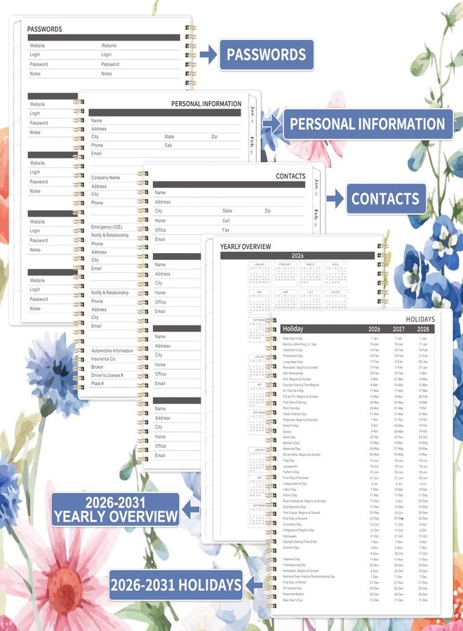 Planrage Monthly Planner 2026-2031 - 5 Year Planner/Calendar, 2026-2031 Monthly Calendar Planners Spiral Bound, Jul. 2026 - Jun. 2031, 9" x 11", Twin-Wire Binding + Tabs + Pocket - Flowers - Image 4