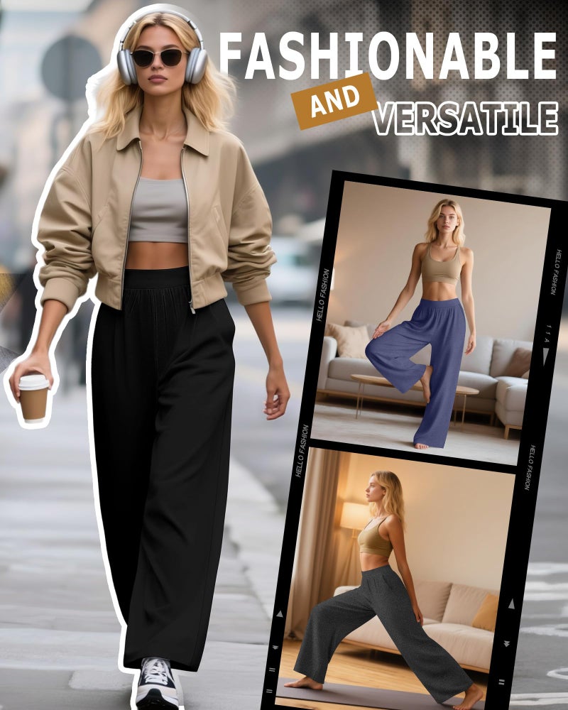 Huukeay 3 Pack Women's Lounge Pants, Cozy Wide Leg Lounge Slacks with Pockets Loose Flowy Yoga Sweatpant Workout Comfy Jogger(Black, Dark Gray, Dark Blue,X-Large) - Image 2