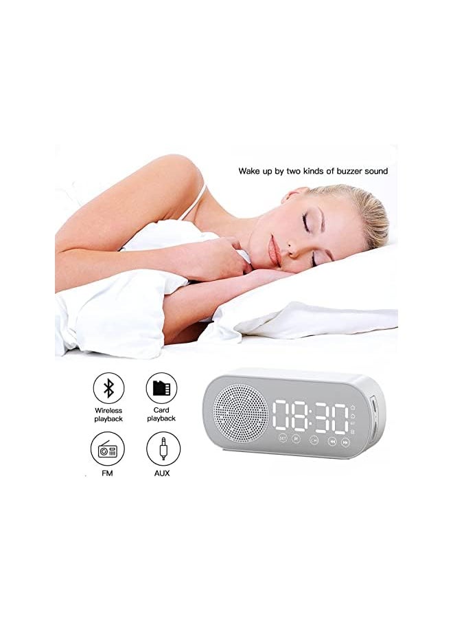 IAF - Dual Alarm Clock, Multi-Function Rechargeable Bluetooth 5.0 Speaker LED Display Mirror Desk Alarm Clock with FM Radio Support TF Card for Hotel Office Bedroom Travel (White) - Image 1