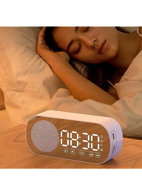 Dual Alarm Clock, Multi-Function Rechargeable Bluetooth 5.0 Speaker LED Display Mirror Desk Alarm Clock with FM Radio Support TF Card for Hotel Office Bedroom Travel (White)