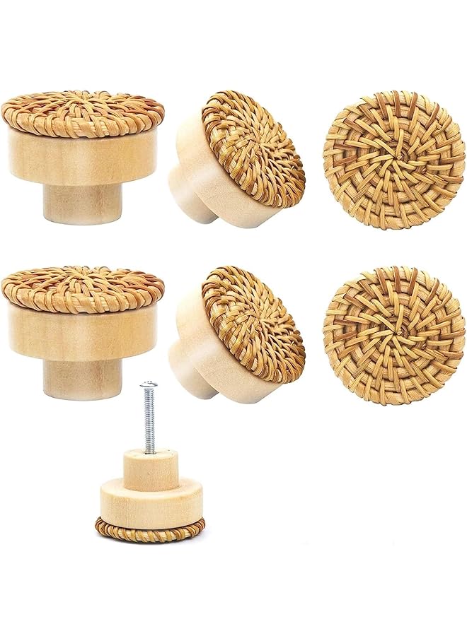 promass Wooden Drawer Knobs, 6pcs 35x30mm Round Rattan Dresser Knobs, Cabinet Pulls and Knobs with Handmade Wicker Woven and Screws for Boho Furniture Knobs Cabinets Dresser Handles Hardware - Image 1