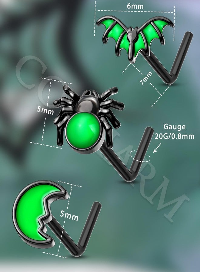 COCHARM 3PCS Halloween Nose Stud 20g Glow in the Dark Nose Ring Stud Black Bat Spider Moon Nostril Stud - L Shape, Black Green Surgical Steel Nostril Piercing Jewelry for Women Men - Image 3