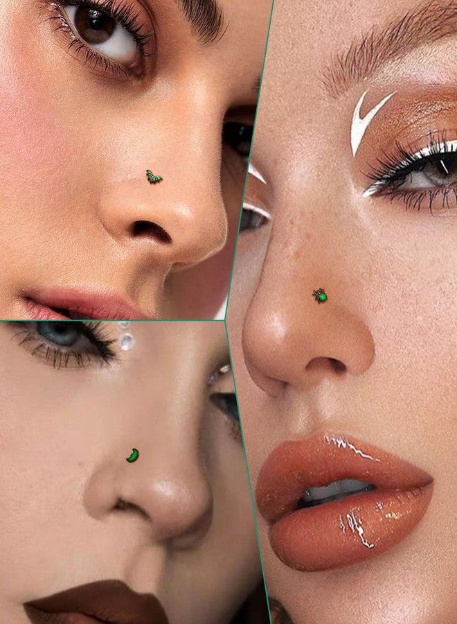 COCHARM 3PCS Halloween Nose Stud 20g Glow in the Dark Nose Ring Stud Black Bat Spider Moon Nostril Stud - L Shape, Black Green Surgical Steel Nostril Piercing Jewelry for Women Men - Image 2