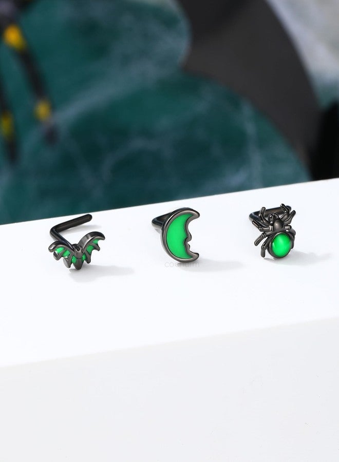 COCHARM 3PCS Halloween Nose Stud 20g Glow in the Dark Nose Ring Stud Black Bat Spider Moon Nostril Stud - L Shape, Black Green Surgical Steel Nostril Piercing Jewelry for Women Men - Image 5