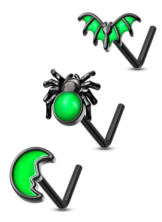 COCHARM 3PCS Halloween Nose Stud 20g Glow in the Dark Nose Ring Stud Black Bat Spider Moon Nostril Stud - L Shape, Black Green Surgical Steel Nostril Piercing Jewelry for Women Men - Image 1