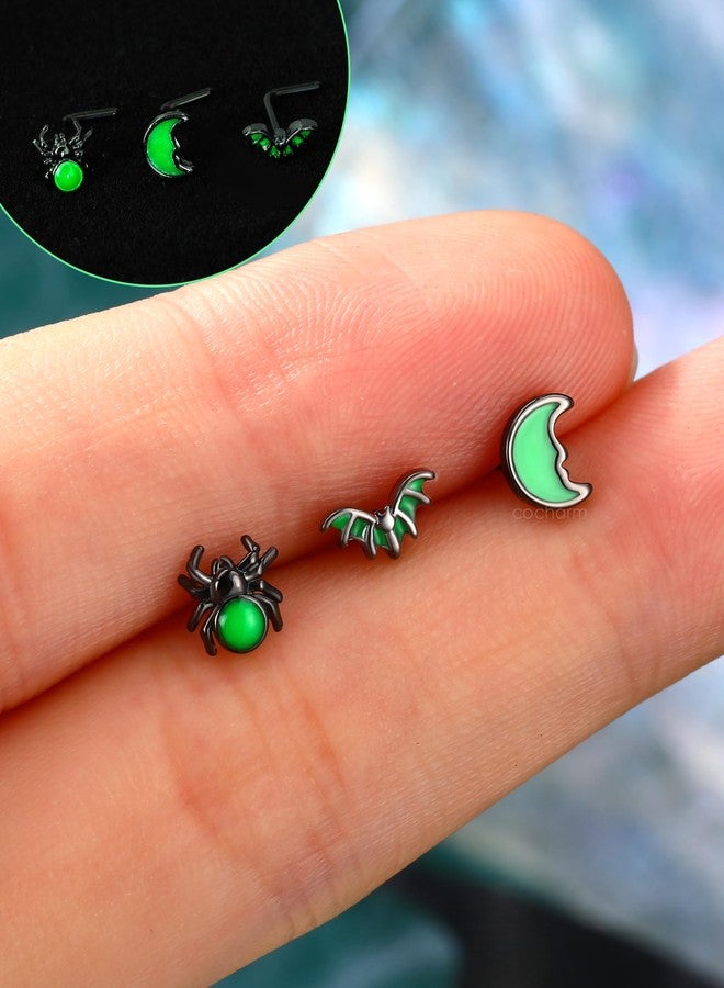 COCHARM 3PCS Halloween Nose Stud 20g Glow in the Dark Nose Ring Stud Black Bat Spider Moon Nostril Stud - L Shape, Black Green Surgical Steel Nostril Piercing Jewelry for Women Men - Image 4