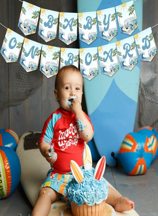Funmemoir Baby on Board Baby Shower Banner Surf Baby on Board Baby Shower Decorations Boy Surfboard Banner for Summer Beach Swimming Pool Ocean Surfing Baby Shower Party Supplies - Image 2