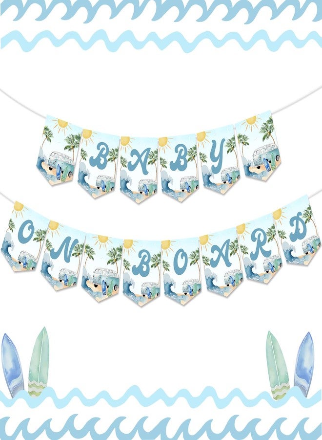 Funmemoir Baby on Board Baby Shower Banner Surf Baby on Board Baby Shower Decorations Boy Surfboard Banner for Summer Beach Swimming Pool Ocean Surfing Baby Shower Party Supplies - Image 1