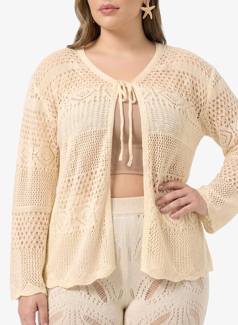 Ginger Plus Crochet Open Work Tie Up Shrug - Image 3
