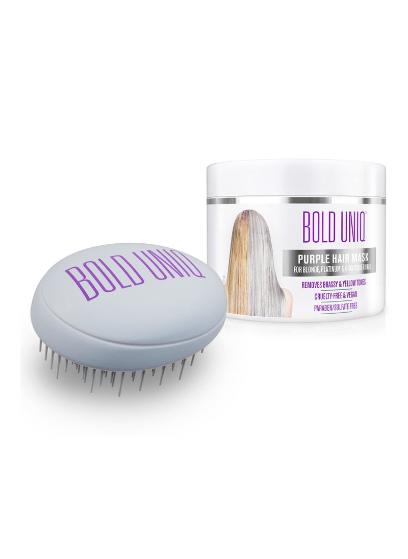 BOLD UNIQ - Purple Hair Mask For Blonde, Platinum, Bleached, Silver, Gray, Ash & Brassy Hair & Detangling Hair Brush Bundle - Remove Yellow Tones and Condition Dry, Damaged Hair - Cruelty Free & Vegan - Image 1